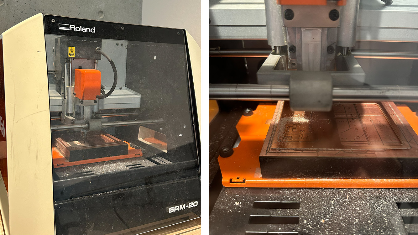 Roland SRM-20 milling machine and a board being milled on the bed